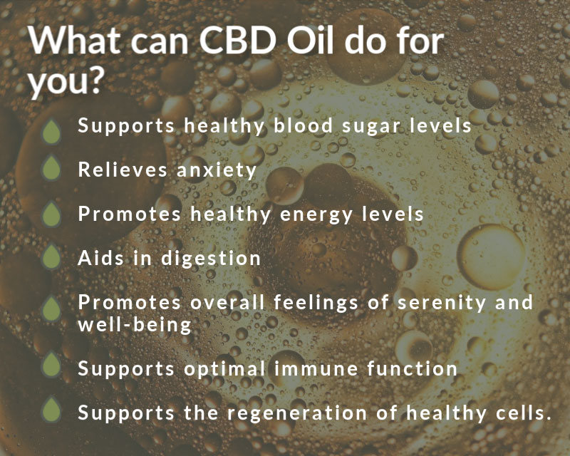 What can CBD Oil do for you? Supports healthy blood sugar levels

Relieves anxiety

Promotes healthy energy levels

Aids in digestion

Promotes overall feelings of serenity and well-being

Supports optimal immune function

Supports the regeneration of healthy cells.