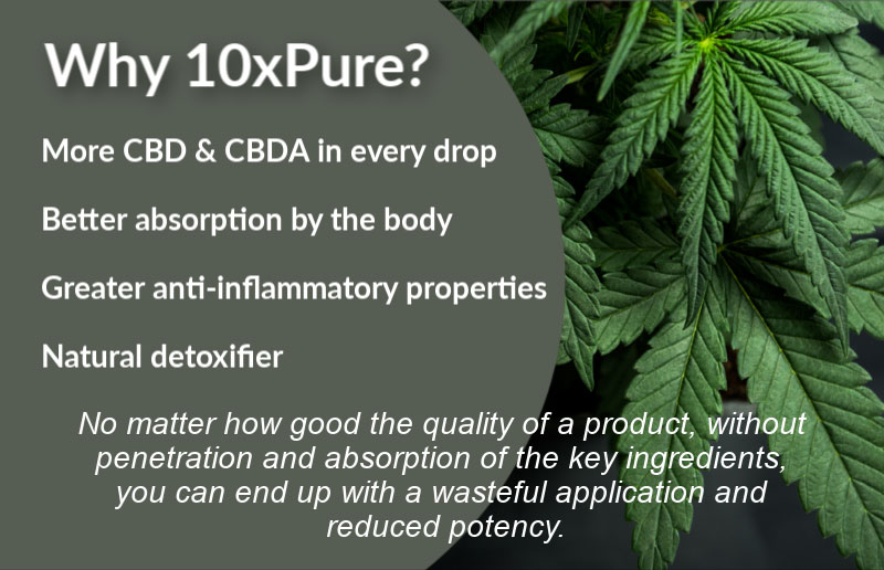 Why 10xPure? More CBD & CBDA in every drop

Better absorption by the body.

Greater anti-inflammatory properties.

Natural detoxifier. No matter how good the quality of a product, without penetration and absorption of the key ingredients, you can end up with a wasteful application and reduced potency.